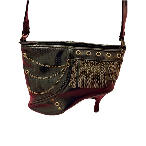 VTG High Heel Stiletto Bootie Purse Shoulder Bag Black Gold Brass Chain Trim - Picture 5 of 13